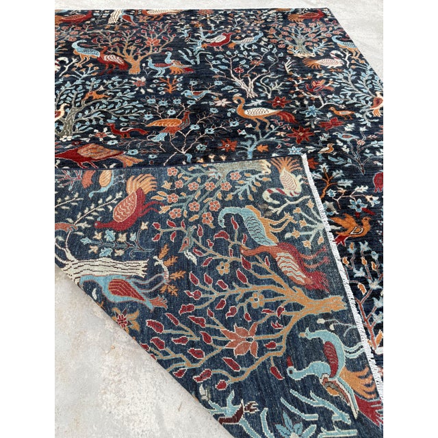 Tree of Life Area Rug, Hand-Knotted Wool, Pictorial, 6x9, Navy & Rust For Sale - Image 11 of 11