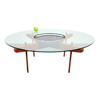 Round Glass Coffee Table with Wood X-Base, 1970 For Sale