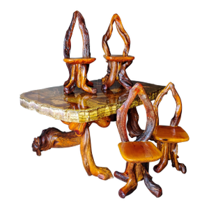 1960s Burl Drift Wood and Agate Stone Lighted Table Dining Set With 4 Chairs - Set of 5