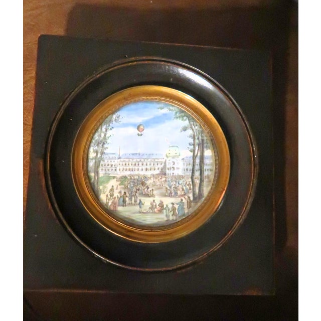 18th Century French Miniature Balloon Motif Framed Watercolor Painting - Ascent at Tuileries Palace. For Sale - Image 4 of 7