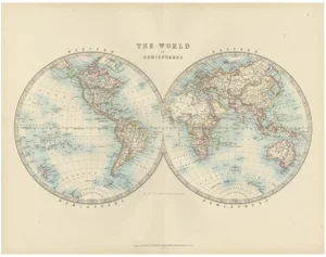 Antique World Map in Hemispheres with Delicate Pastel Coloring, 1903