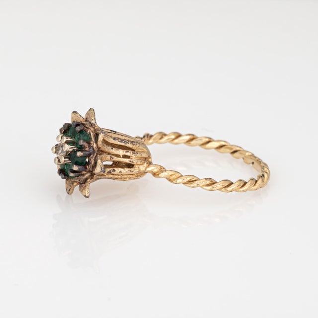 1960s 1960s Emerald Diamond Tulip Ring Vintage 14k Yellow Gold Stacking Band Estate Jewelry, Size 5.75 For Sale - Image 5 of 6