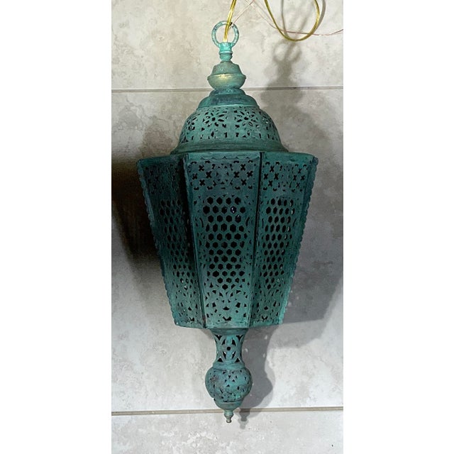 Antique Moroccan Verdigris Copper Lantern – Hand-Pierced Openwork For Sale - Image 10 of 16