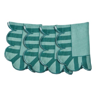 Jardin Embroidered Linen Scalloped Stripe Napkins in Green, Set of 4 For Sale
