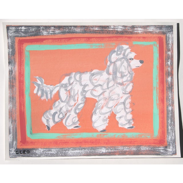 White French Poodle Dog in tropical colors using shades of apricot, mint green, gray and crimson with a triple dry rushed...
