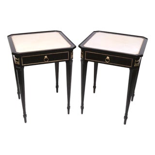 Pair of Jansen Style Ebonized Leather Top End Tables With Greek Key Design, 1940 For Sale