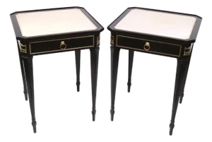 Pair of Jansen Style Ebonized Leather Top End Tables With Greek Key Design, 1940