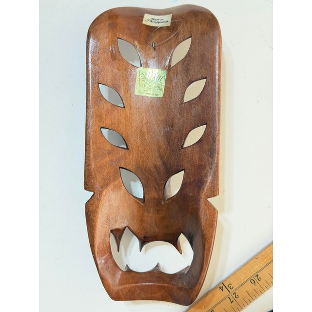 Pair of Vintage Philippine Hand-Carved Monkey Pod Wood Dragon & Demon Wall Masks For Sale - Image 10 of 12