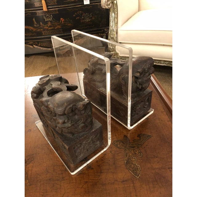 Carved Wood Foo Dogs and Lucite Bookends - a Pair For Sale - Image 9 of 9