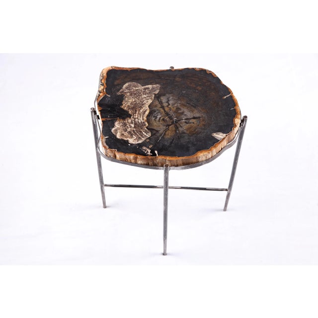 2020s Living Edge Petrified Wood Top W Iron Stand Accent Table or Side Table 51 For Sale - Image 5 of 5