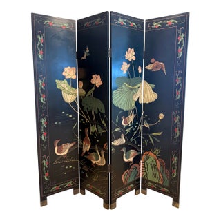 Vintage Chinese Carved Lacquer Folding Screen, 73" H, Lotus & Mandarin Ducks For Sale