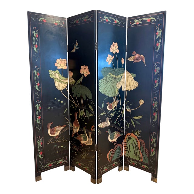 Vintage Chinese Carved Lacquer Folding Screen, 73" H, Lotus & Mandarin Ducks For Sale