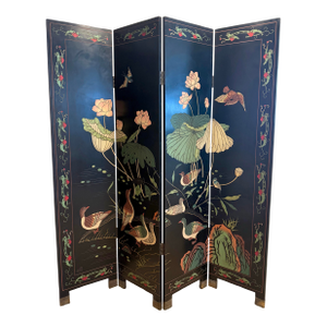 Vintage Chinese Carved Lacquer Folding Screen, 73" H, Lotus & Mandarin Ducks