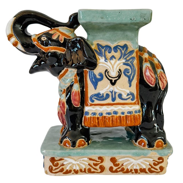Vintage Chinoiserie Celadon & Black Ceramic Elephant Glazed Plant Stands / Bookends - A Pair For Sale - Image 9 of 13