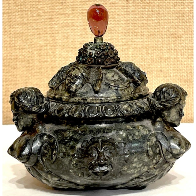 18th Century/Older Italian Renaissance Style Carved Verdigris Marble Table Box For Sale - Image 9 of 12