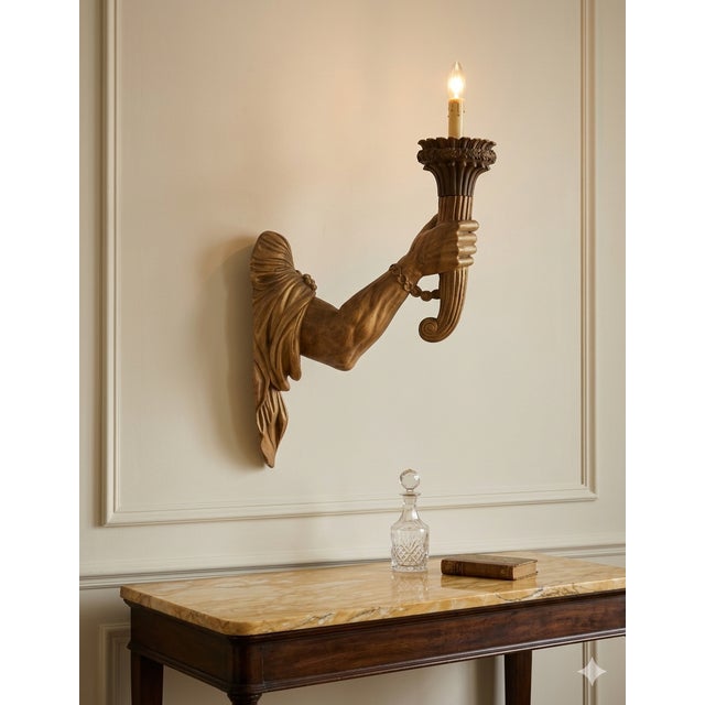 This is an Italian 1950s Italian carved pine and walnut arm form wall sconce. It is not electrified. The attention to...