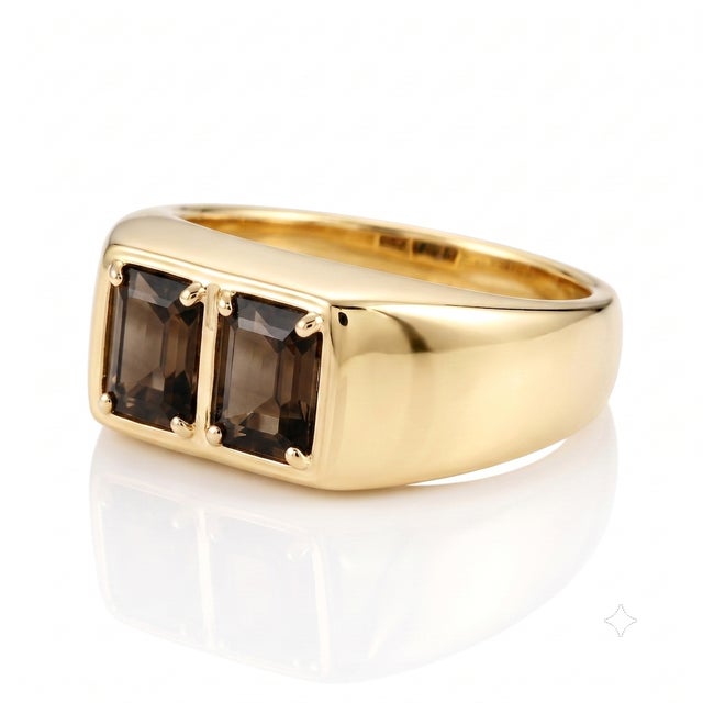 Embrace rich neutral tones with this sleek statement ring, showcasing a wide, polished band that holds twin step-cut dark...