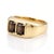 Embrace rich neutral tones with this sleek statement ring, showcasing a wide, polished band that holds twin step-cut dark...