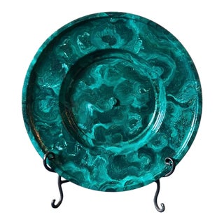 Large Art Deco Faux Malachite Painted Decorative Vintage Plate Charger on Stand For Sale