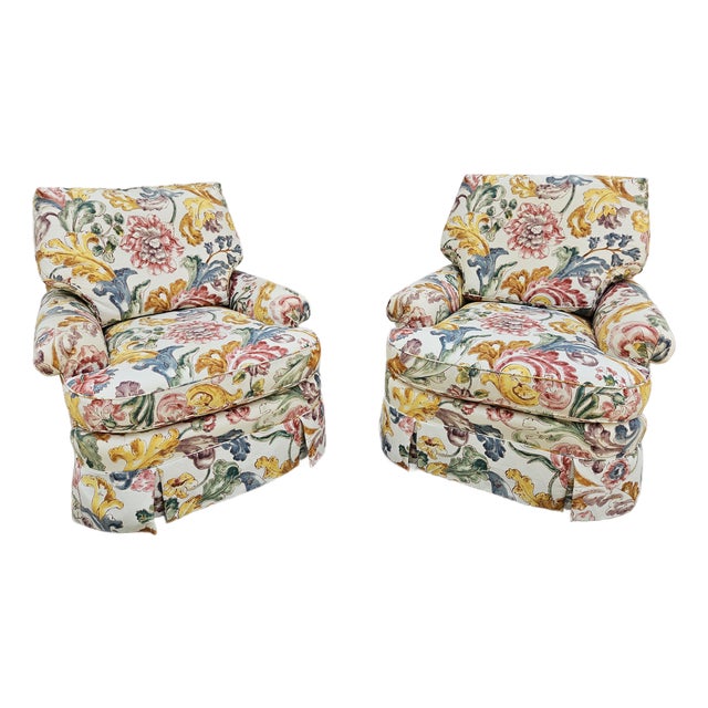 Baker Furniture Floral Print Swivel Chairs For Sale