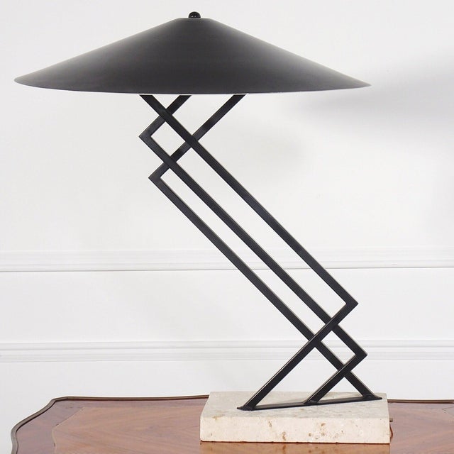 1990s Postmodern Michael Taylor Attributed Cantilevered Iron and Travertine Sculptural Lamp For Sale In Tampa - Image 6 of 6