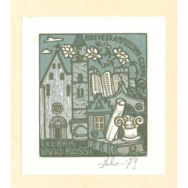 Ex Libris Livio Rossi is an original Contemporary Artwork realized in 1979. Original Colored woodcut print on ivory-...