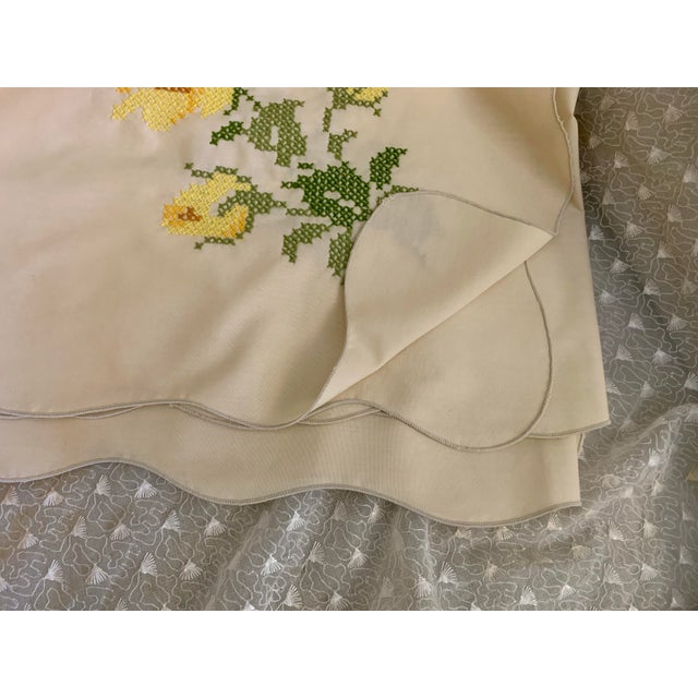 1970s Vintage 1970’s Handmade Cross Stitch Floral Embroidered Tablecloth For Sale - Image 5 of 12
