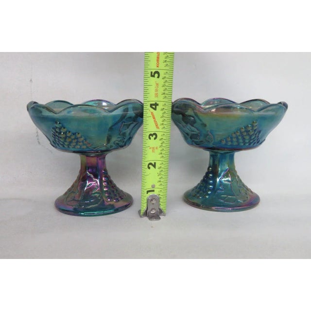 Glass Indiana Carnival Glass Harvest Grape Blue Iridescent Candle Holders a Pair For Sale - Image 7 of 12