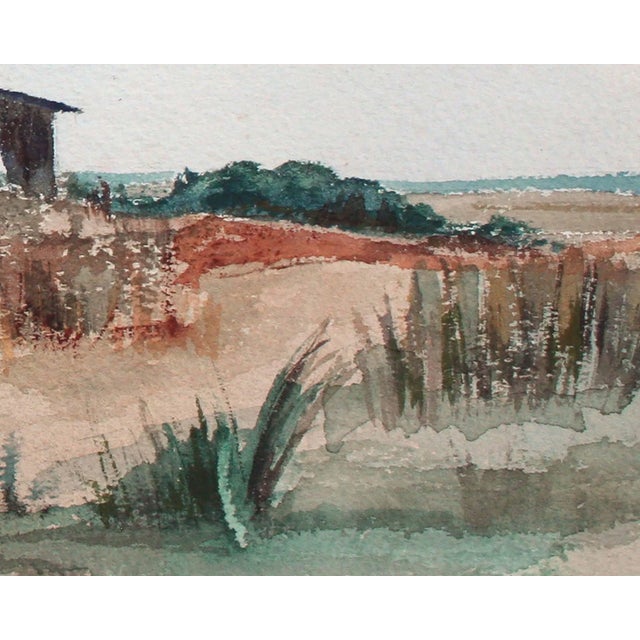 Unknown Barn by the Sea Beachy Watercolor Landscape Late 20th Century For Sale - Image 4 of 5