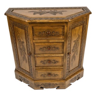 Mid 20th Century Hand-Carved Peacock Corner Cabinet – Boho Indian Style Storage Hutch For Sale