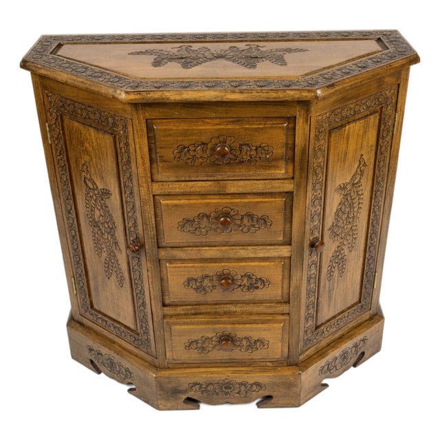 Mid 20th Century Hand-Carved Peacock Corner Cabinet – Boho Indian Style Storage Hutch For Sale