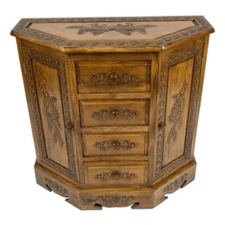 Vintage Indian Carved Hardwood Corner Cabinet With Floral Doors and Drawers For Sale