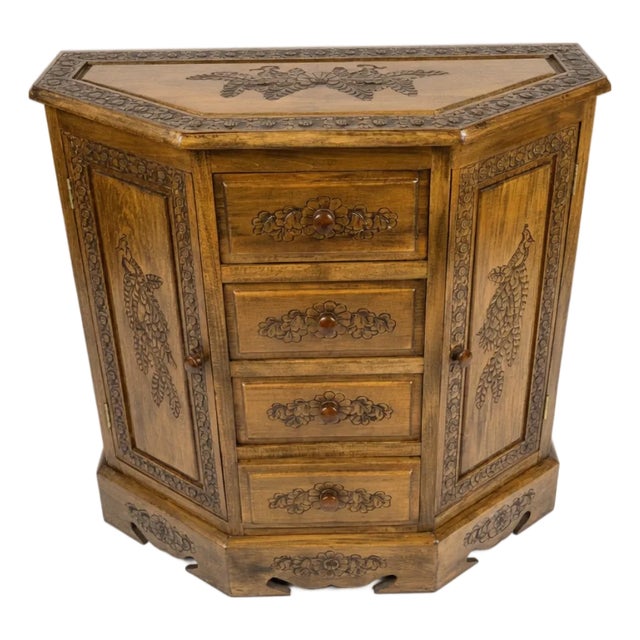 Vintage Indian Carved Hardwood Corner Cabinet With Floral Doors and Drawers For Sale