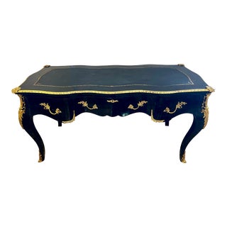 French Louis XV Black Lacquer and Bronze Leather Top Bureau Plat Desk For Sale