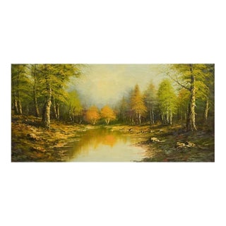 American School, 20th Century River Side Landscape, Oil on Canvas Frame For Sale