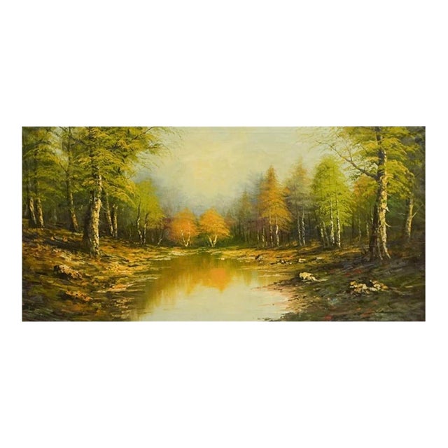American School, 20th Century River Side Landscape, Oil on Canvas, Framed For Sale