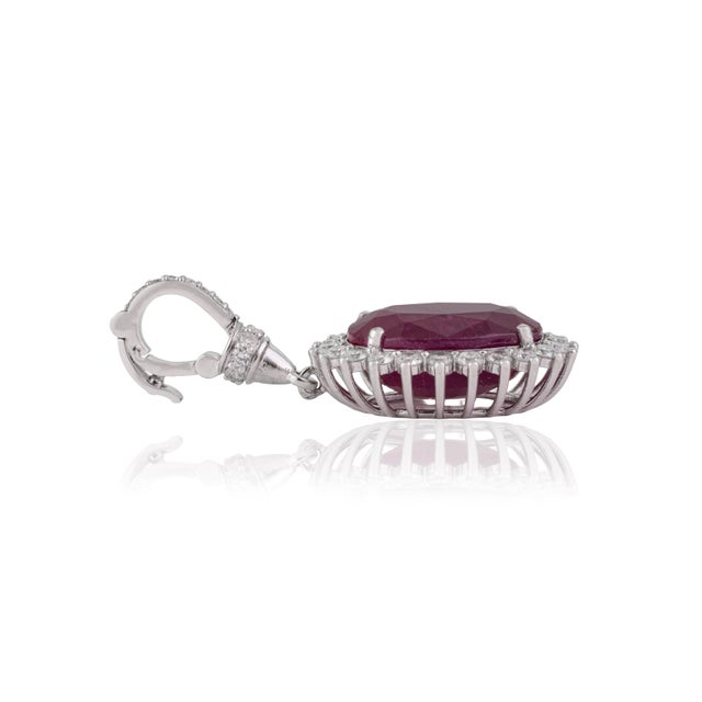 Metal 8.69Ct Oval Cut Ruby & Diamond Halo Contemporary Pendant in 14k White Gold For Sale - Image 7 of 14