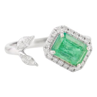 14k Handcrafted Emerald Diamond Open Cuff Wedding Ring Size 6.5 For Sale