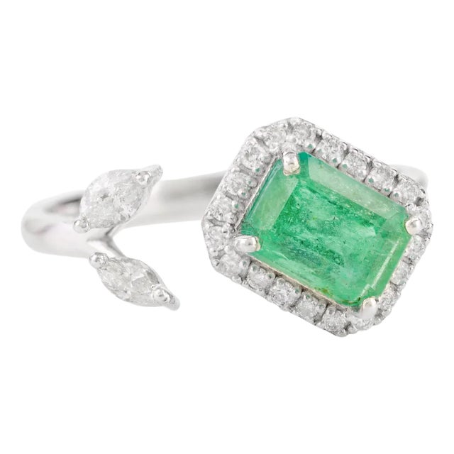 14k Handcrafted Emerald Diamond Open Cuff Wedding Ring Size 6.5 For Sale