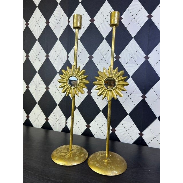 Vintage Hollywood Regency Gilt Metal Sunburst Mirror Candlesticks, Pair For Sale - Image 10 of 13
