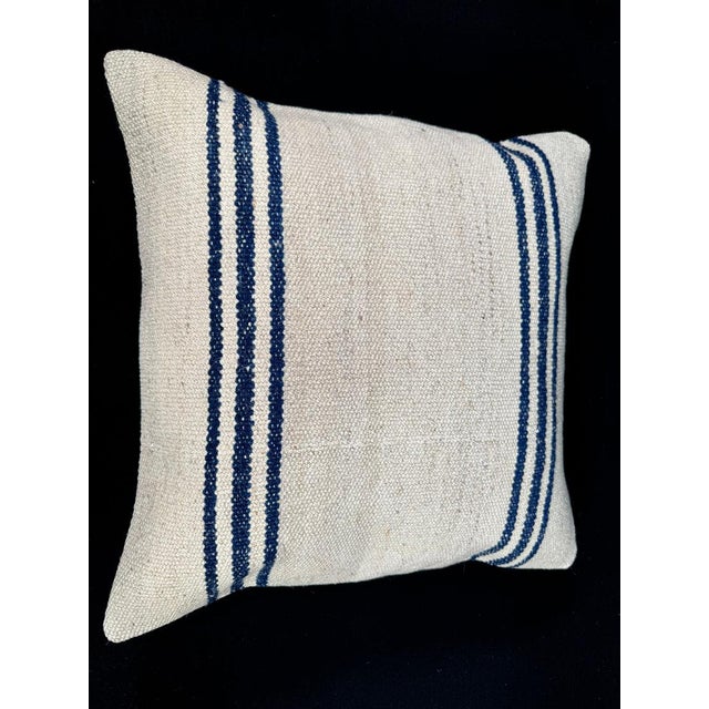 Turkish Hemp Pillow Cushion Natural Beige Blue Cushion Cover 20x20 For Sale - Image 4 of 4