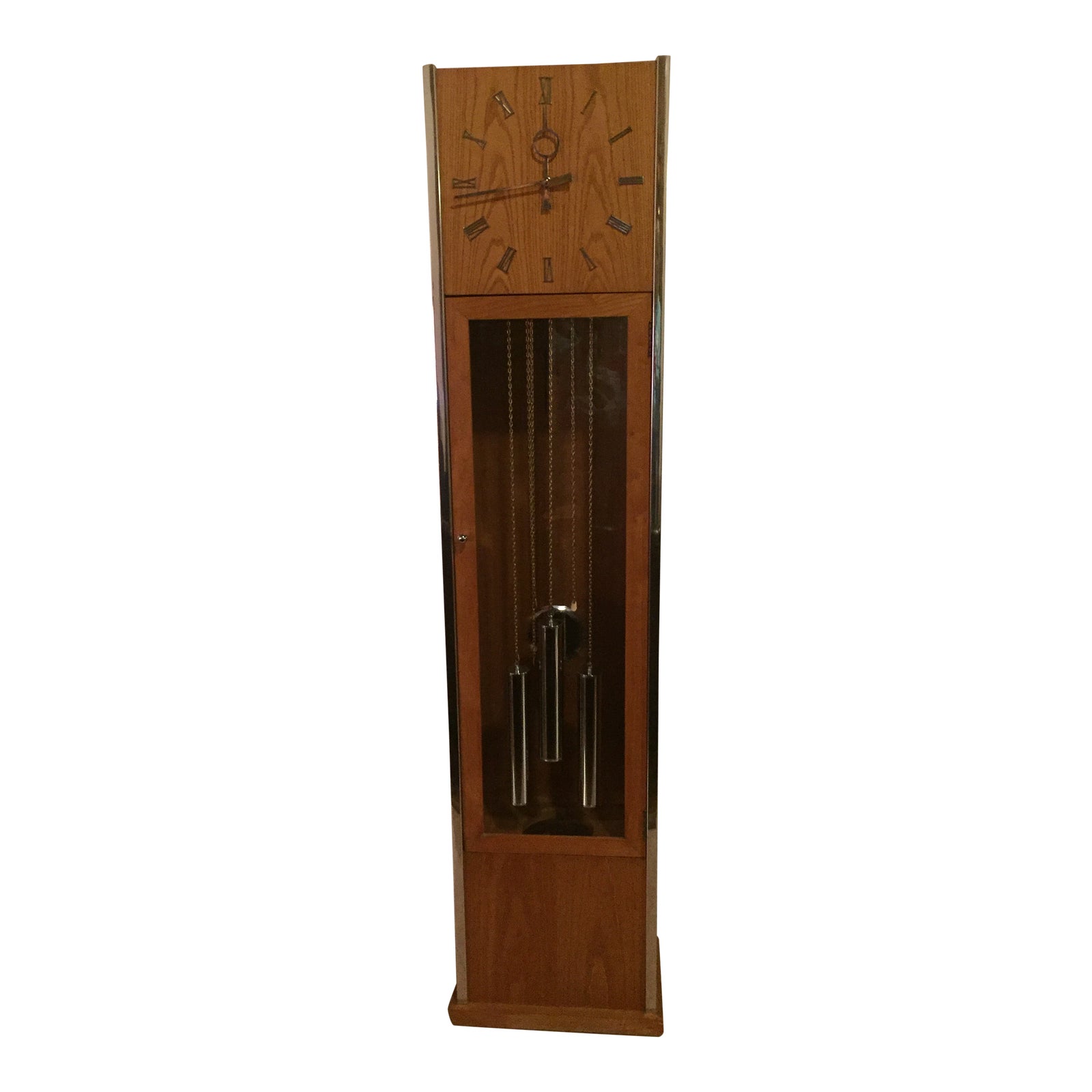 Vintage Mid Century Modern Oak And Chrome Pendulum Grandfather Clock Chairish