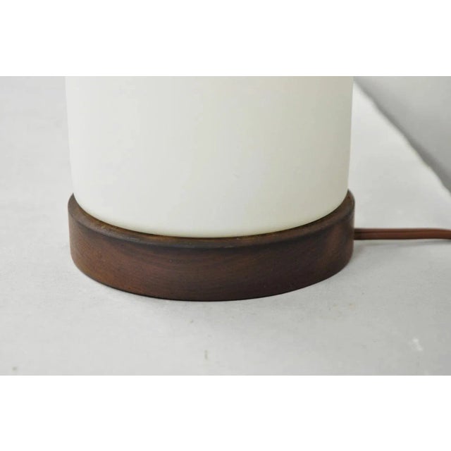 White Vintage Mid Century Swedish Modern Frosted Glass Cylinder Small Teak Table Lamp For Sale - Image 8 of 10