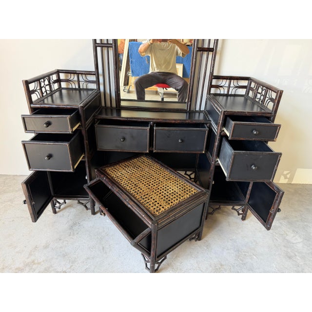 Vintage Chinoiserie Black Lacquered Bamboo Vanity Dressing Table With Mirror, Side Cabinets & Wicker Bench For Sale - Image 4 of 17