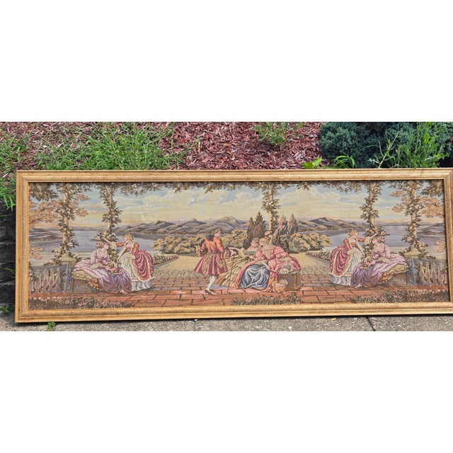 Large Vintage Framed European Hand Crafted Rococo-Style Needlepoint Tapestry Wall Hanging – Romantic Garden Scene For Sale - Image 11 of 18