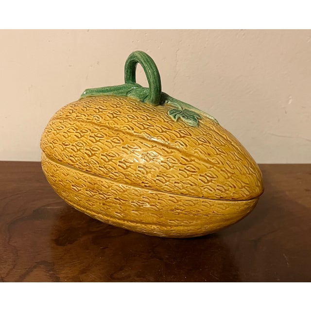 Mid 20th Century Portuguese Melon Form Majolica Tureen or Box With Vine & Leaf Handle For Sale - Image 5 of 12