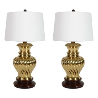 Pair of Hollywood Regency Style Brass Ginger Jar Lamps on Wood Bases For Sale