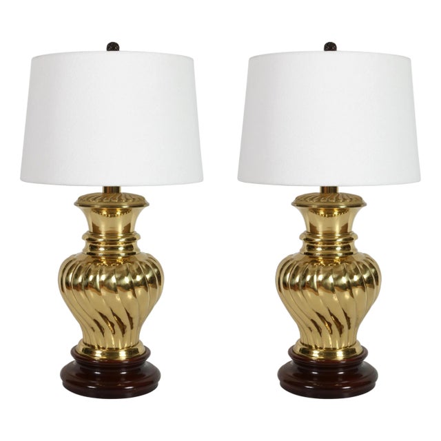 Pair of Hollywood Regency Style Brass Ginger Jar Lamps on Wood Bases For Sale