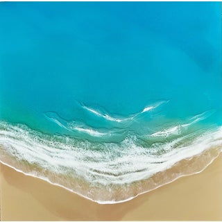 Turquoise Dreams by Ana Hefco | Layered tinted resin on wood panel Abstract ocean scene with beach. For Sale