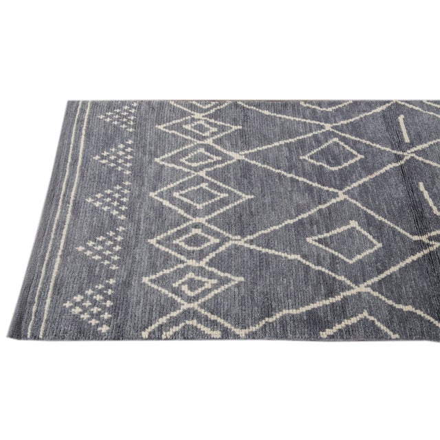 Modern Moroccan Style Handmade Blue Wool Runner For Sale - Image 4 of 10